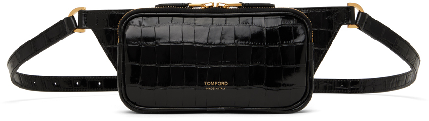 Tom Ford Black Glossy Printed Croc Small Zip Belt Bag