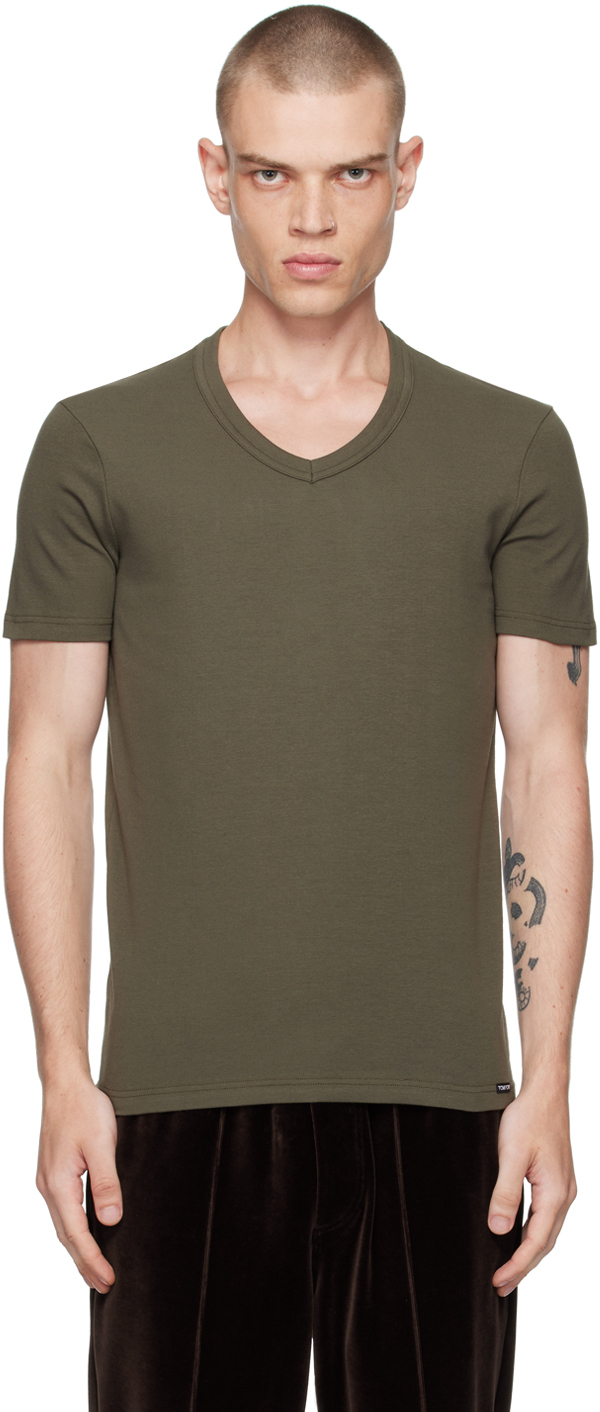 【関税込み】TOM FORD カーキ VネックTシャツ TOM FORD: カーキ コットン VネックTシャツ | SSENSE 日本