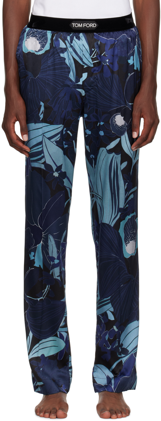 Shop Tom Ford Blue Silk Pyjama Pants In Midnight