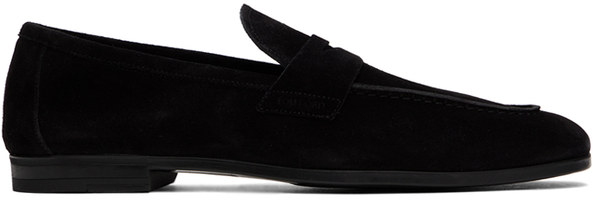 Shop Tom Ford Black Suede Sean Penny Loafers