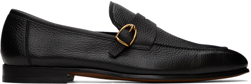 Shop Tom Ford Black Grain Dover Buckle Loafers