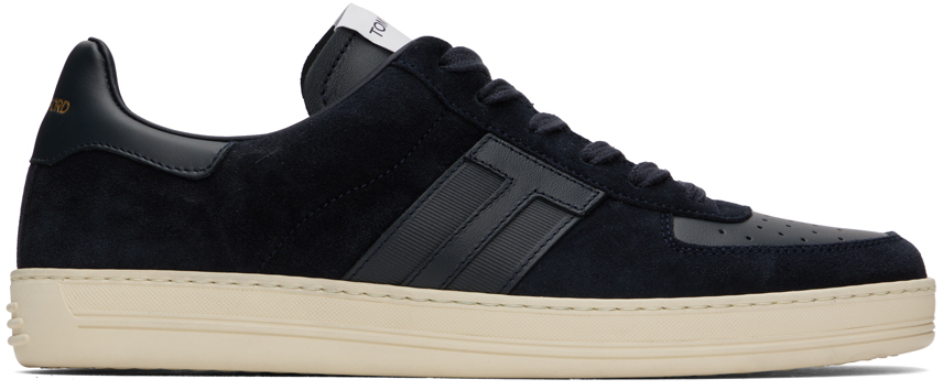 Shop Tom Ford Navy Suede & Leather Radcliffe Sneakers In Dark Navy + Cream