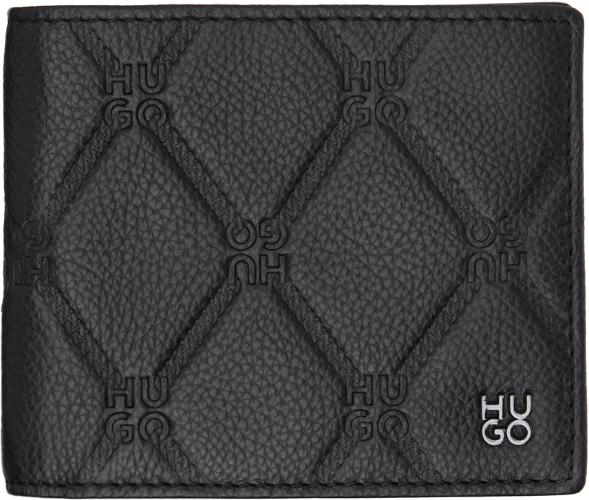 Black Leather Stacked Logo Chain Pattern Wallet