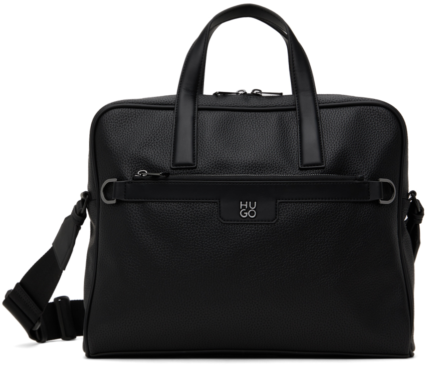 Black Grained Faux-Leather Stacked Logo Briefcase