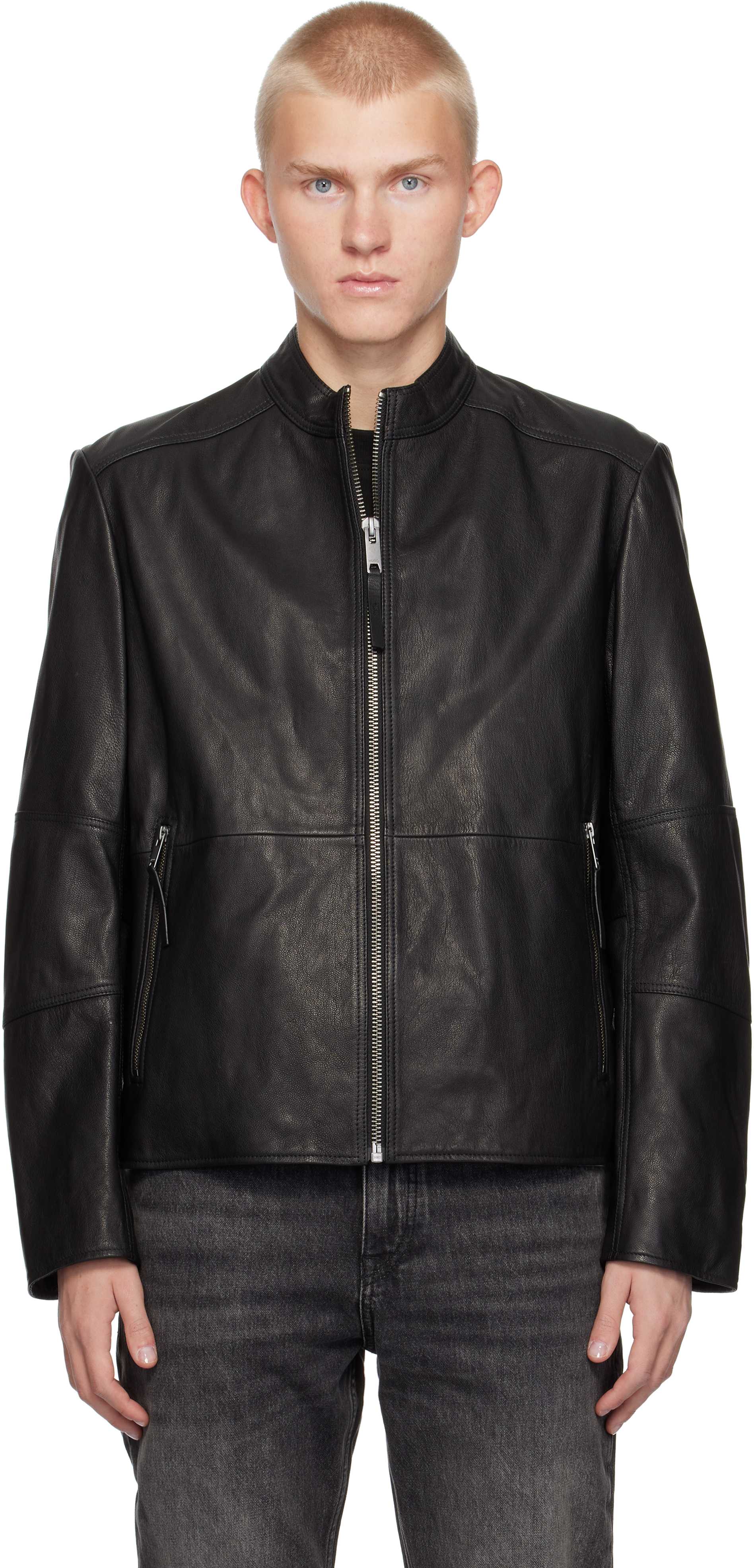 Shop Hugo Black Slim-fit Leather Jacket In 001 - Black