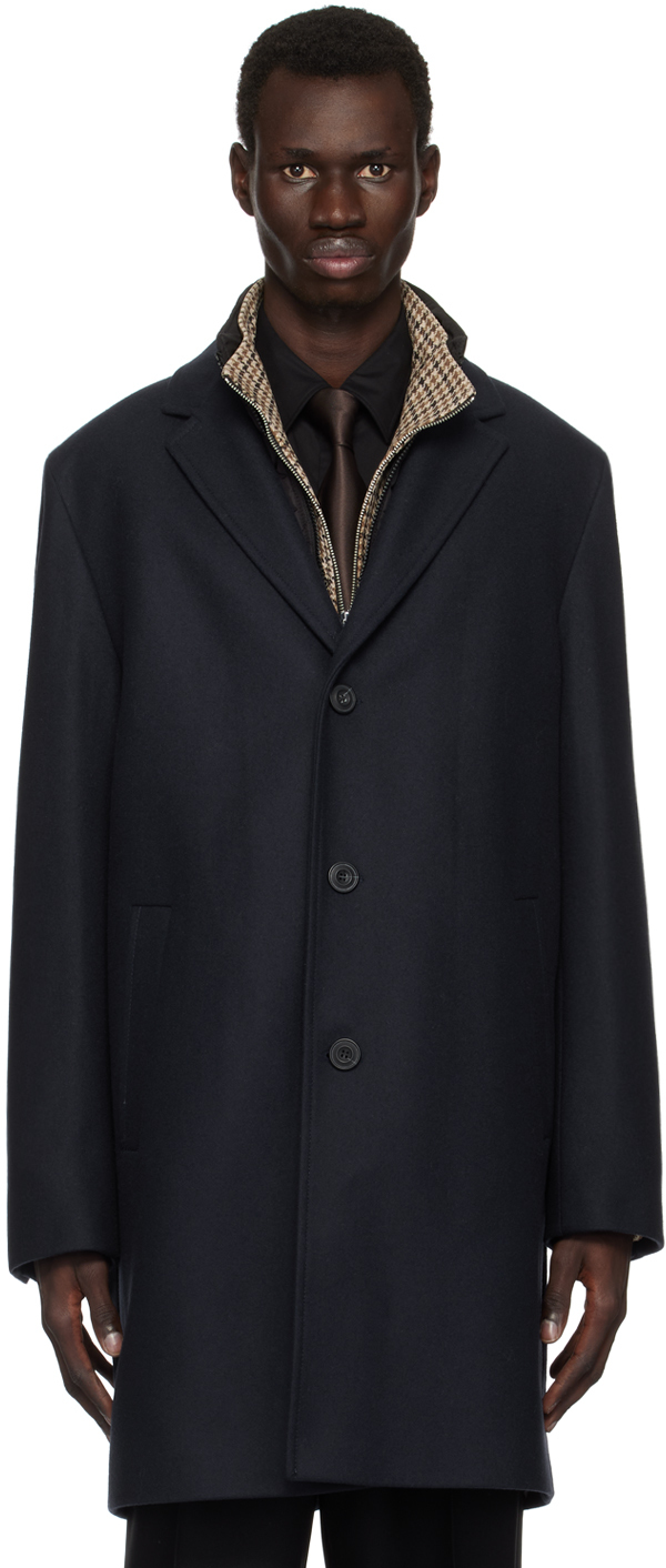 Shop Hugo Navy & Black Layered Coat In 405-dark Blue