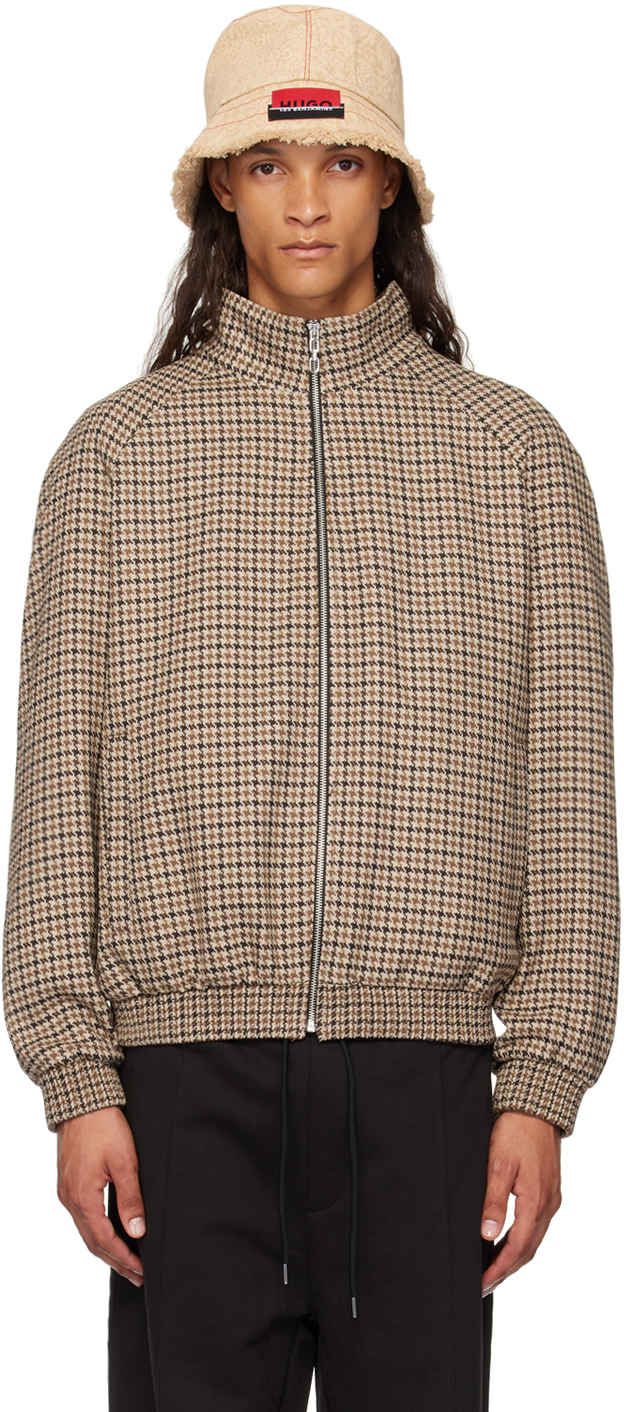 Shop Hugo Brown Houndstooth Bomber Jacket In 209-dark Brown