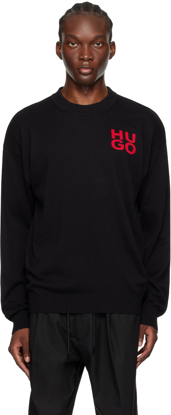Shop Hugo Black Intarsia Sweater In 001-black