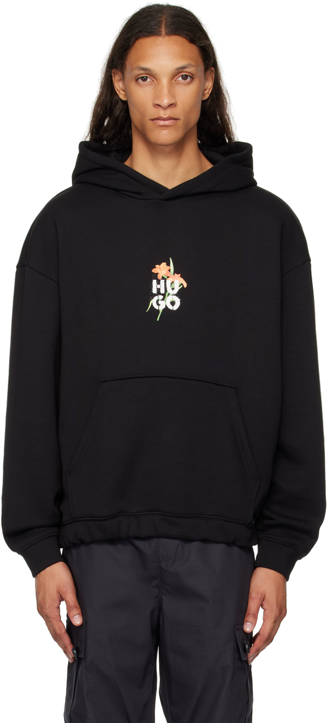 スウェット・トレーナー HUGO Floral Logo Graphic Print Cotton Hoodie Black HUGO Floral Logo Graphic Print Cotton Hoodie Black