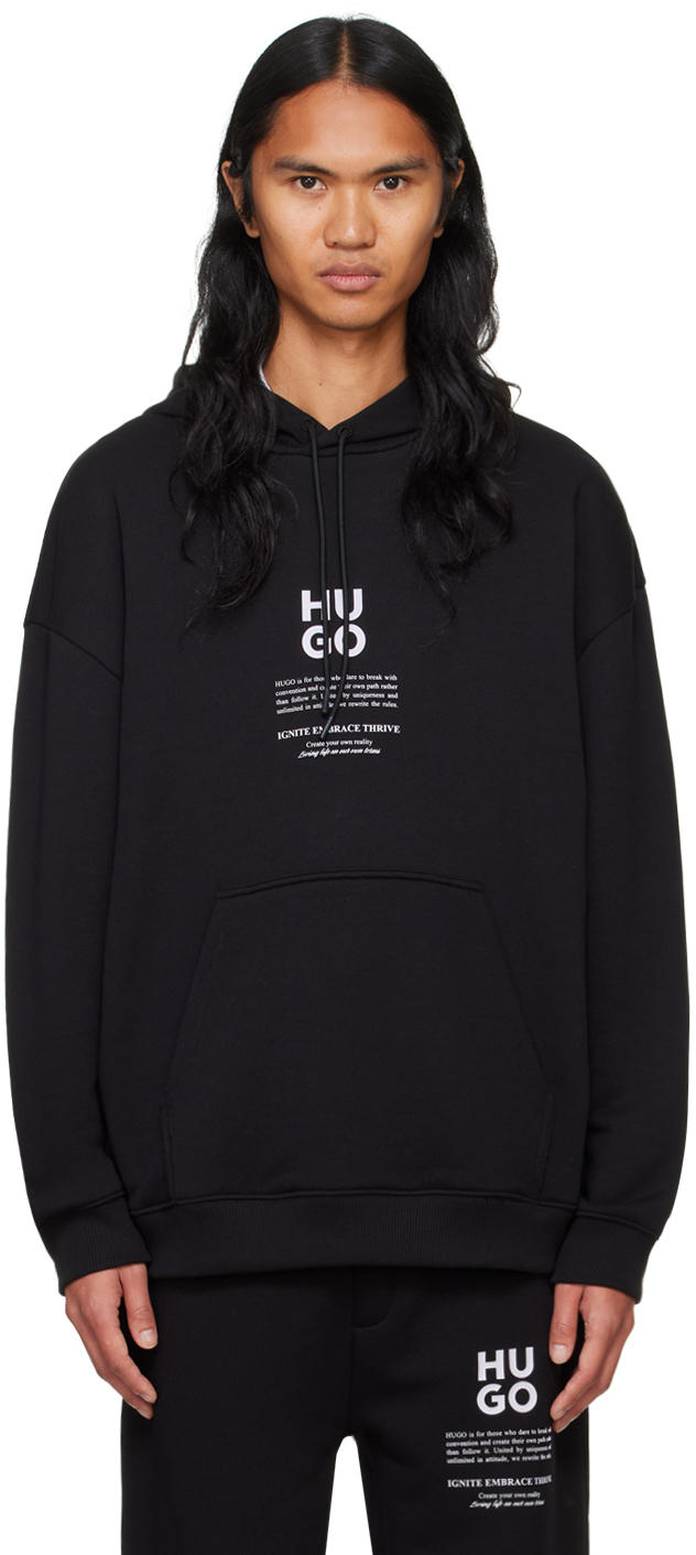 Shop Hugo Black Logo-bonded Hoodie In 001-black