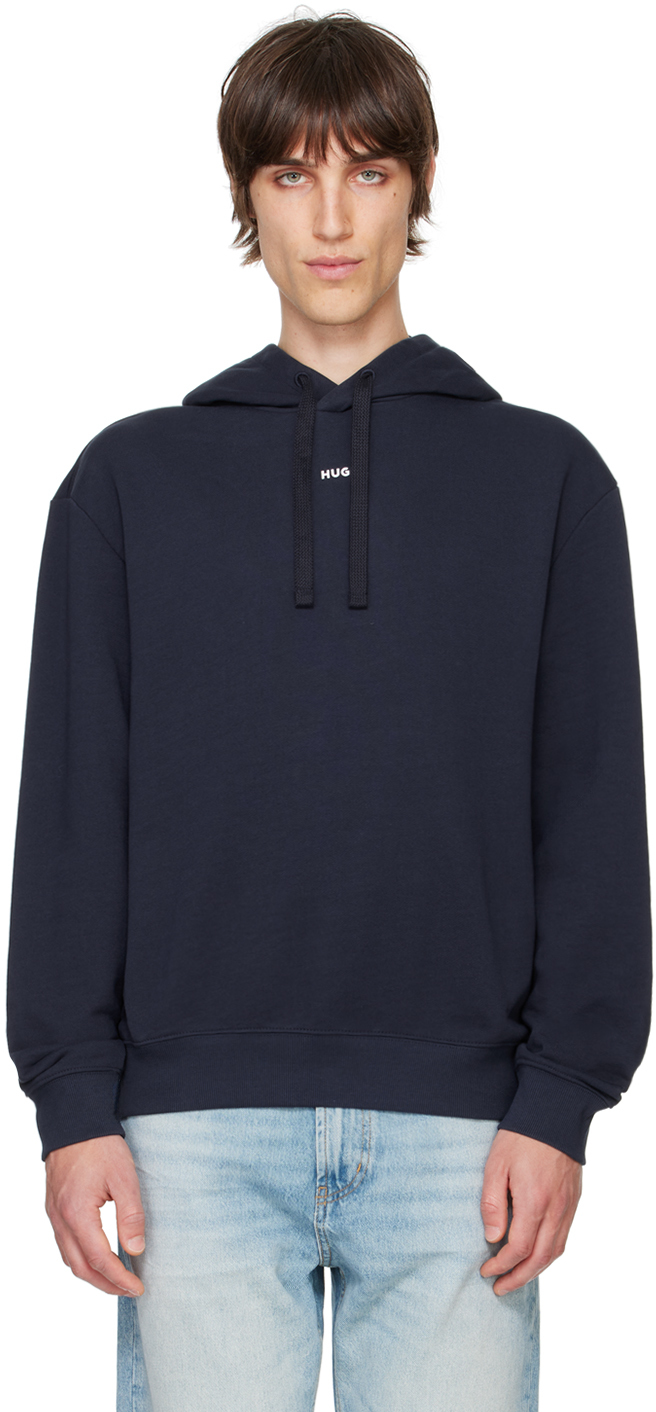 Shop Hugo Navy Cotton-terry Relaxed-fit Hoodie In 405-dark Blue