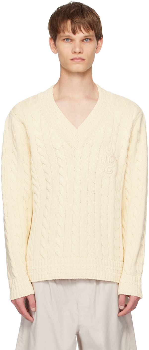 Shop Hugo Off-white V-neck Sweater In 279-light Beige