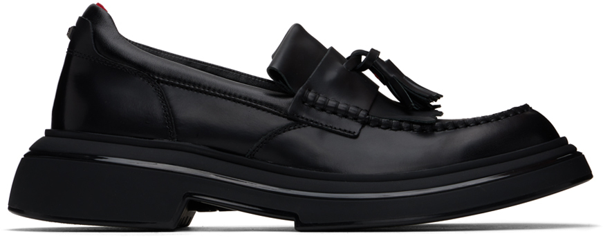 HUGO BLACK LEATHER TASSEL TRIM LOAFERS 