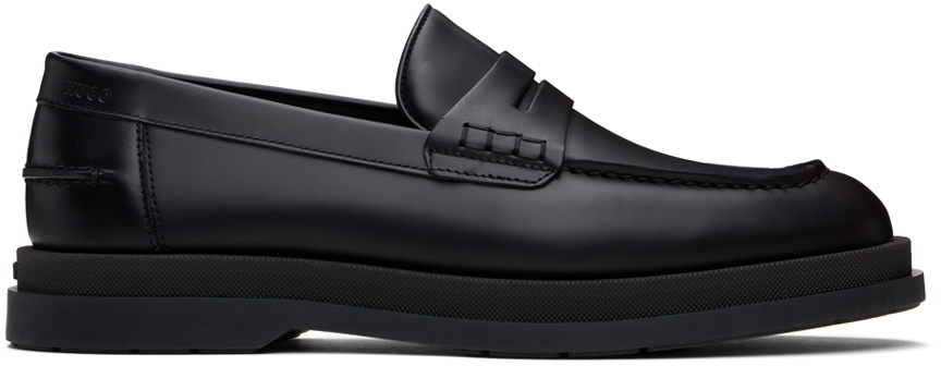 Shop Hugo Black Rubber Sole Brush-off Leather Loafers In 001-black