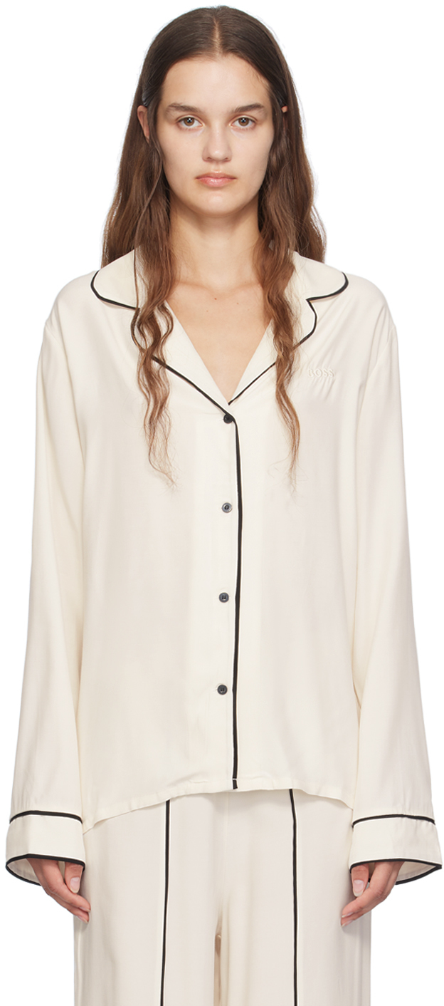 Shop Hugo Boss Off-white Embroidered-logo Pyjama Shirt In 118-open White