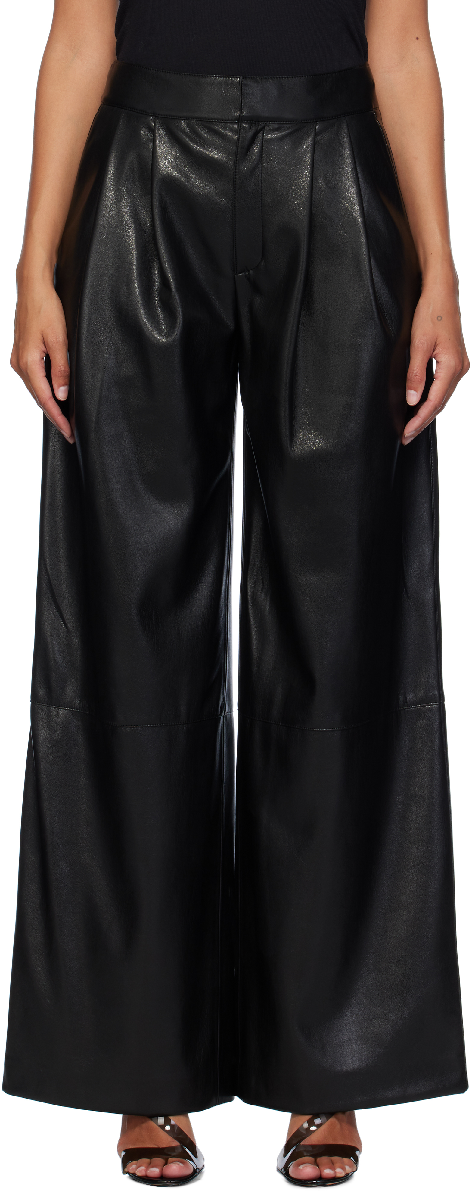 Black Pleat-Front Relaxed-Fit Faux-Leather Trousers