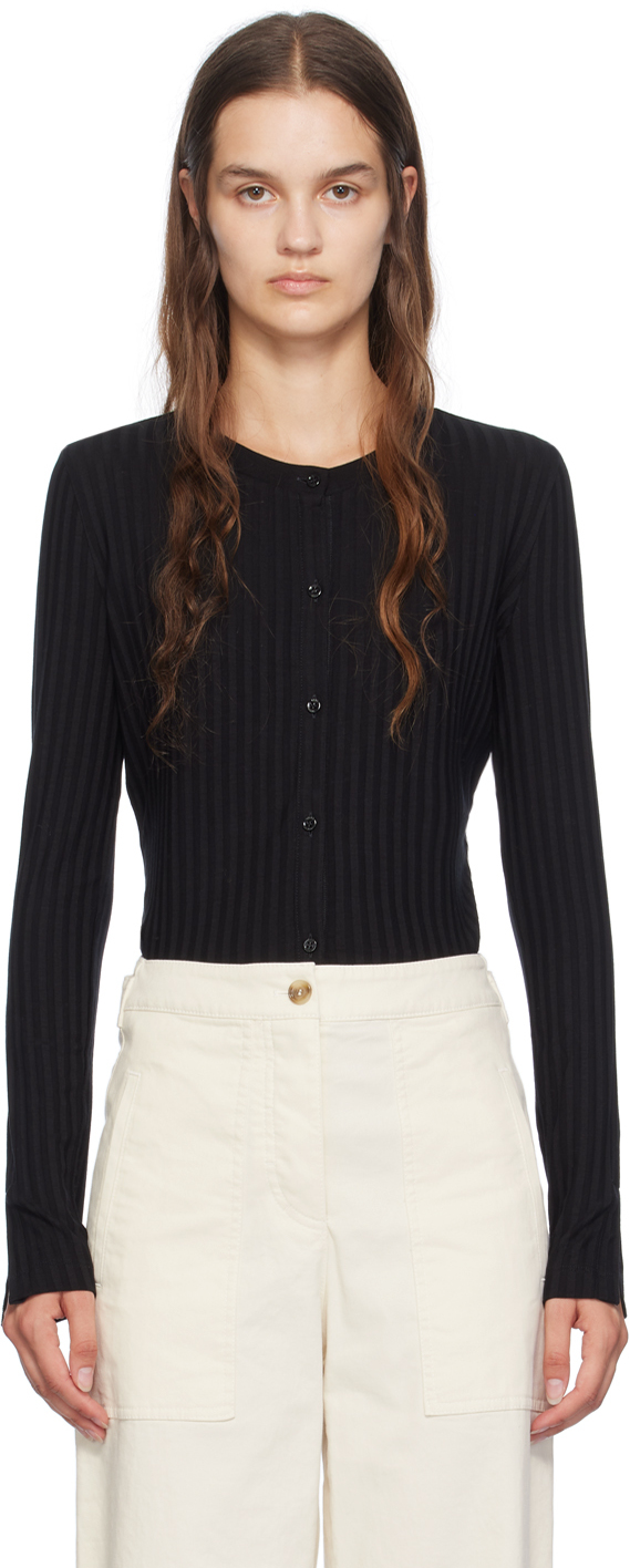 BOSS 売れ筋商品|||ボス カーディガン アウター レディース Cardigans Black BOSS - V-neck cardigan in ribbed stretch fabric with collar