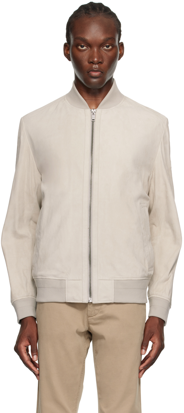 Shop Hugo Boss Beige Zip Leather Jacket In 271-light Beige