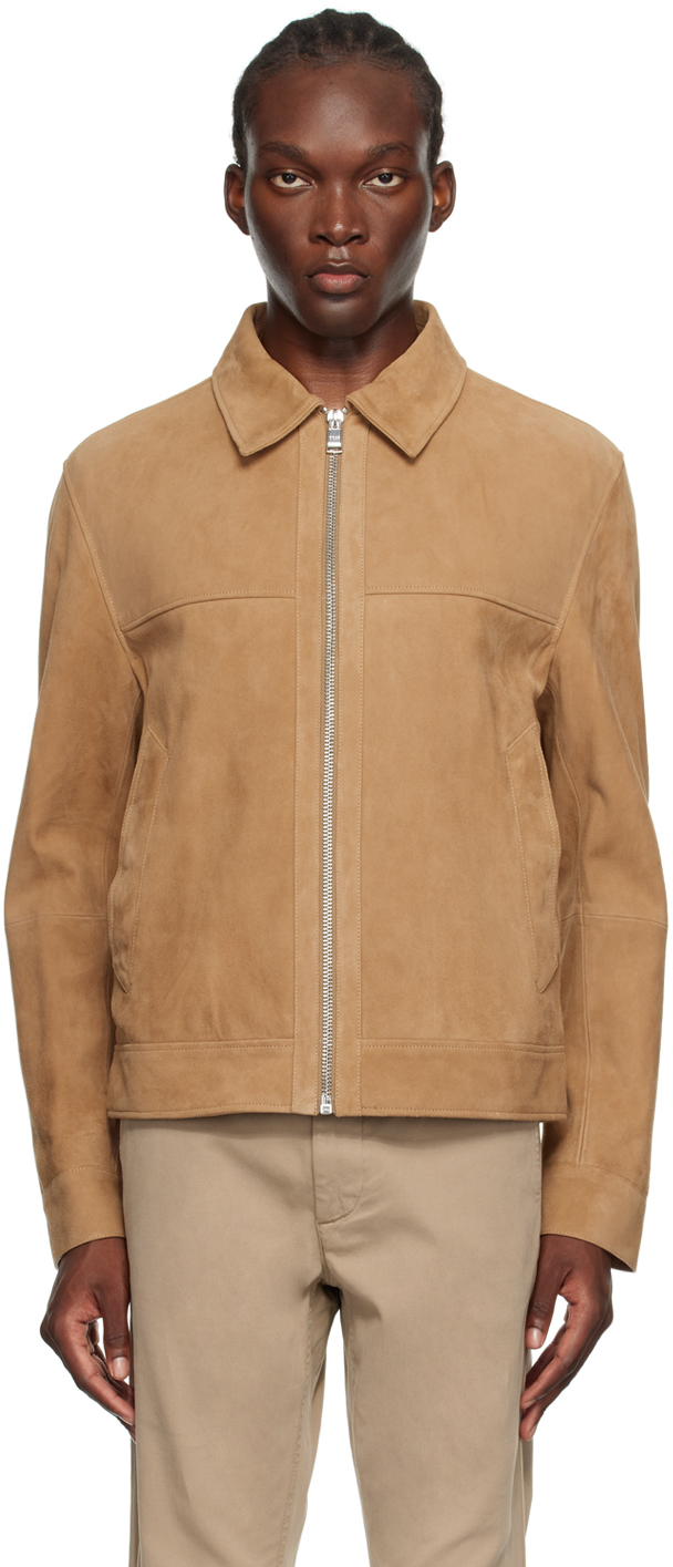 Shop Hugo Boss Tan Regular-fit Leather Jacket In 282-open Beige