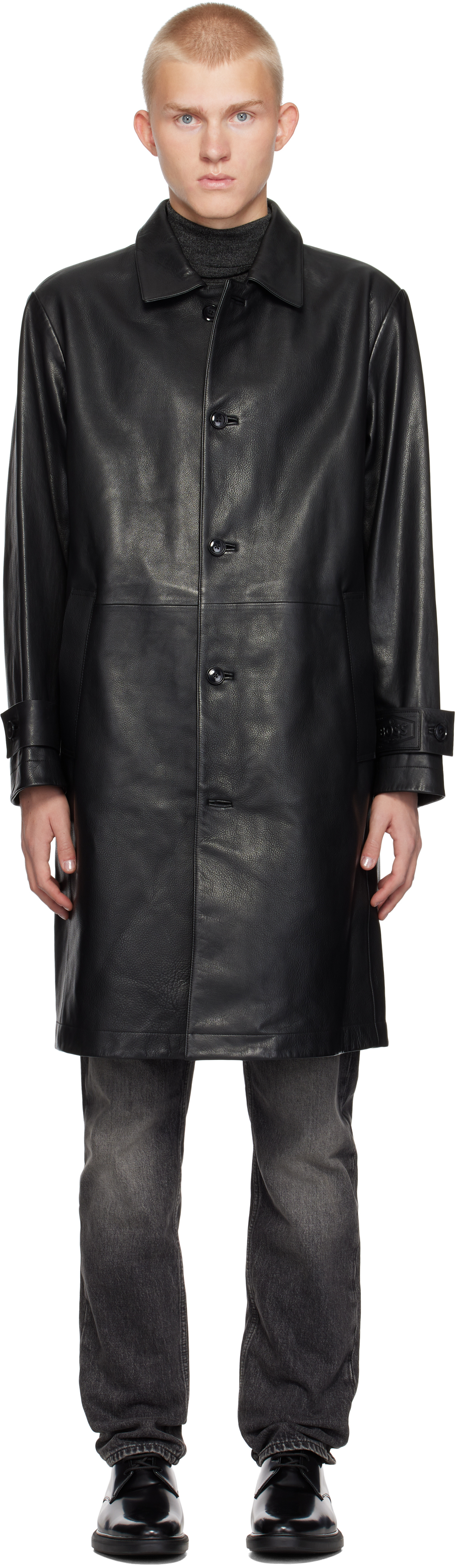 Shop Hugo Boss Black Regular-fit Leather Coat In 001-black