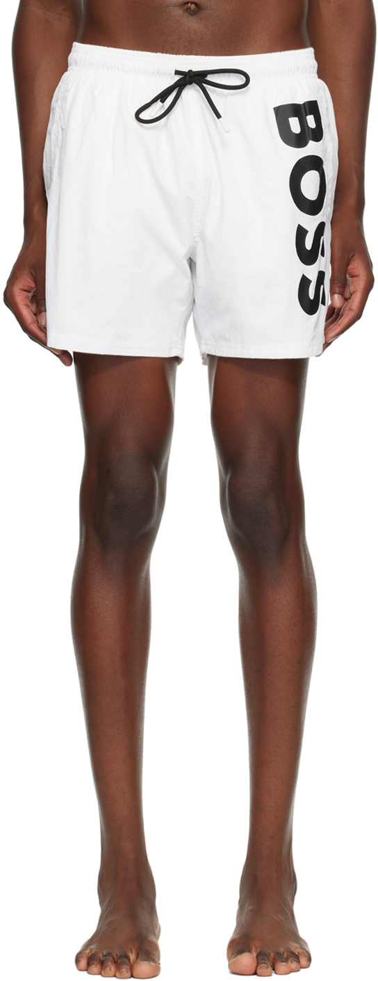 Shop Hugo Boss White Vertical Logo Print Swim Shorts In White 100