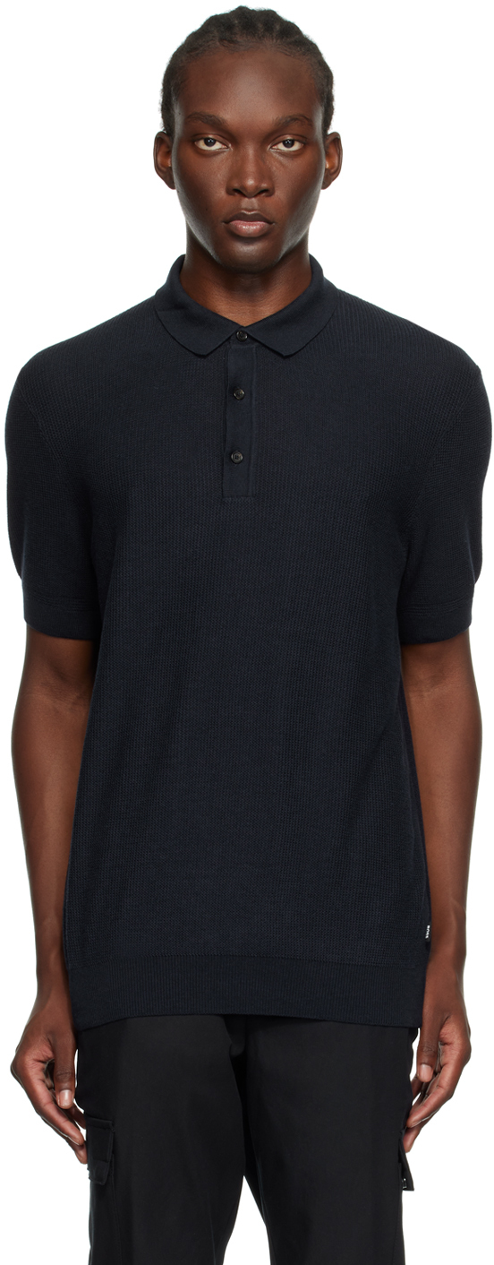 Shop Hugo Boss Navy Open Knit Polo In 404-dark Blue