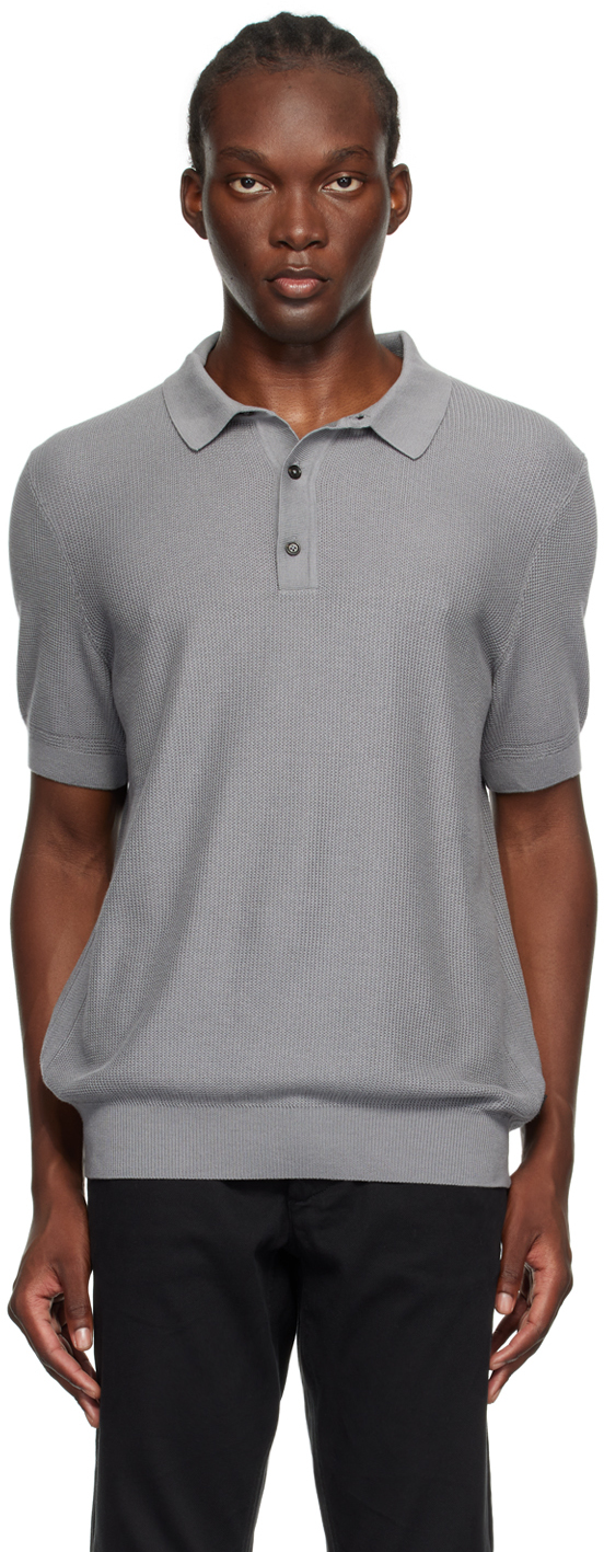 Shop Hugo Boss Gray Open Knit Polo In 047-silver