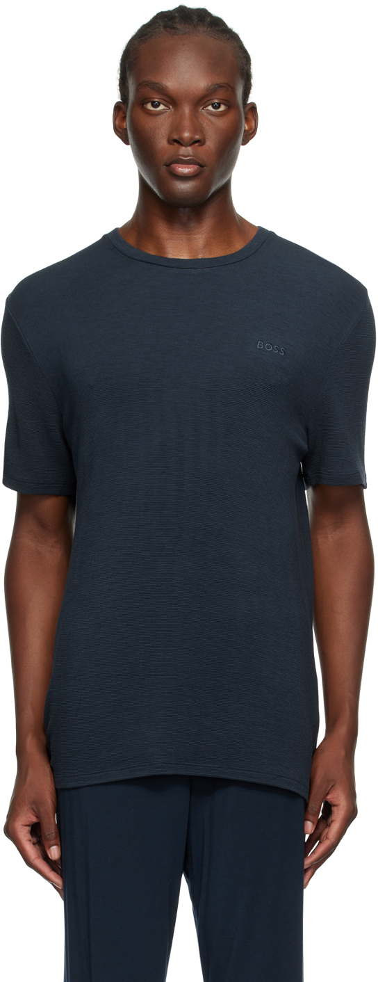 Shop Hugo Boss Navy Embroidered Logo T-shirt In Dark Blue 403