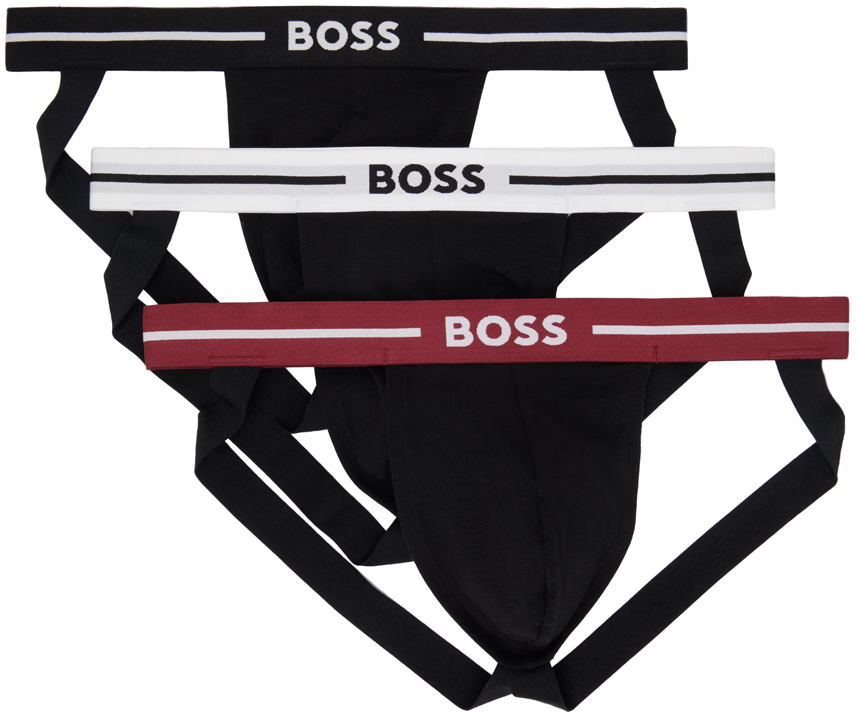 Three-Pack Black Jacquard Logo Jock Straps