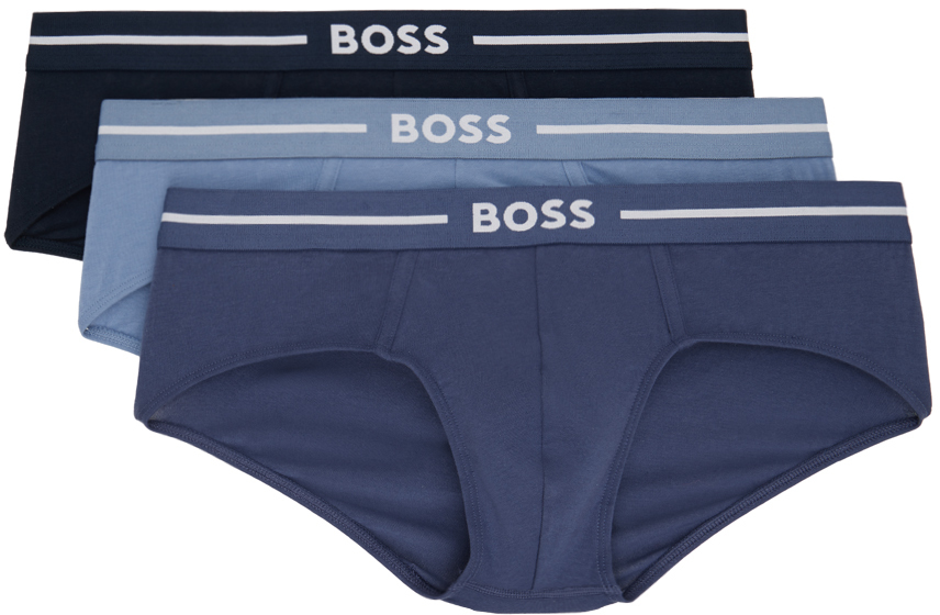 Three-Pack Navy & Blue Jacquard Logo Briefs