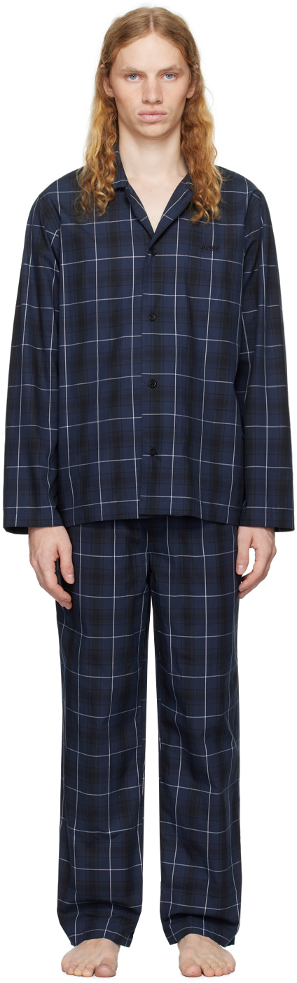 Shop Hugo Boss Navy Check Pyjama Set In Dark Blue 404