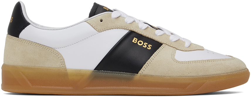 Hugo Boss Beige & White Leather-suede Sneakers In 282-open Beige