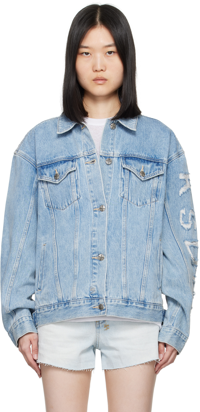 Shop Ksubi Blue Oversized Torn Up Denim Jacket In Medium Wash