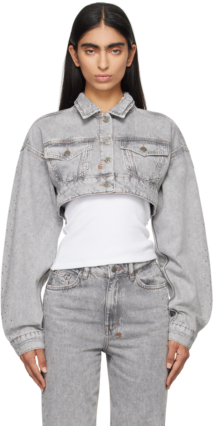 Shop Ksubi Gray Supercrop Trucker Dime Krystal Denim Jacket In 004 Grey