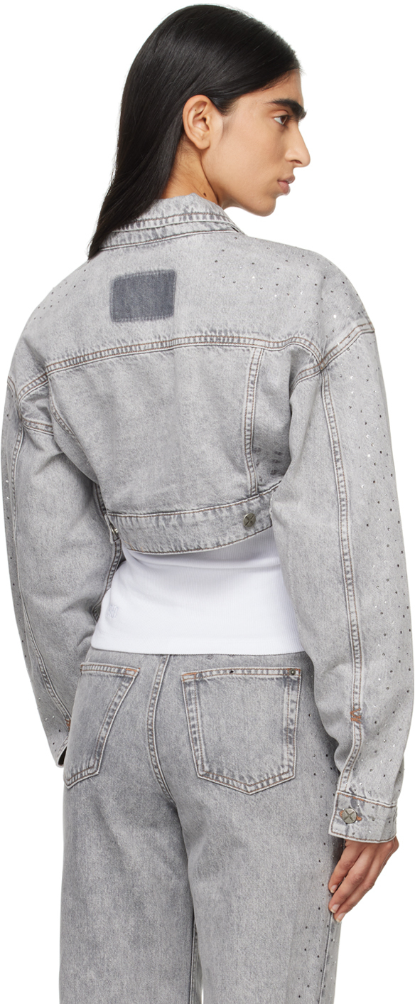 KSUBI GRAY SUPERCROP TRUCKER DIME KRYSTAL DENIM JACKET 