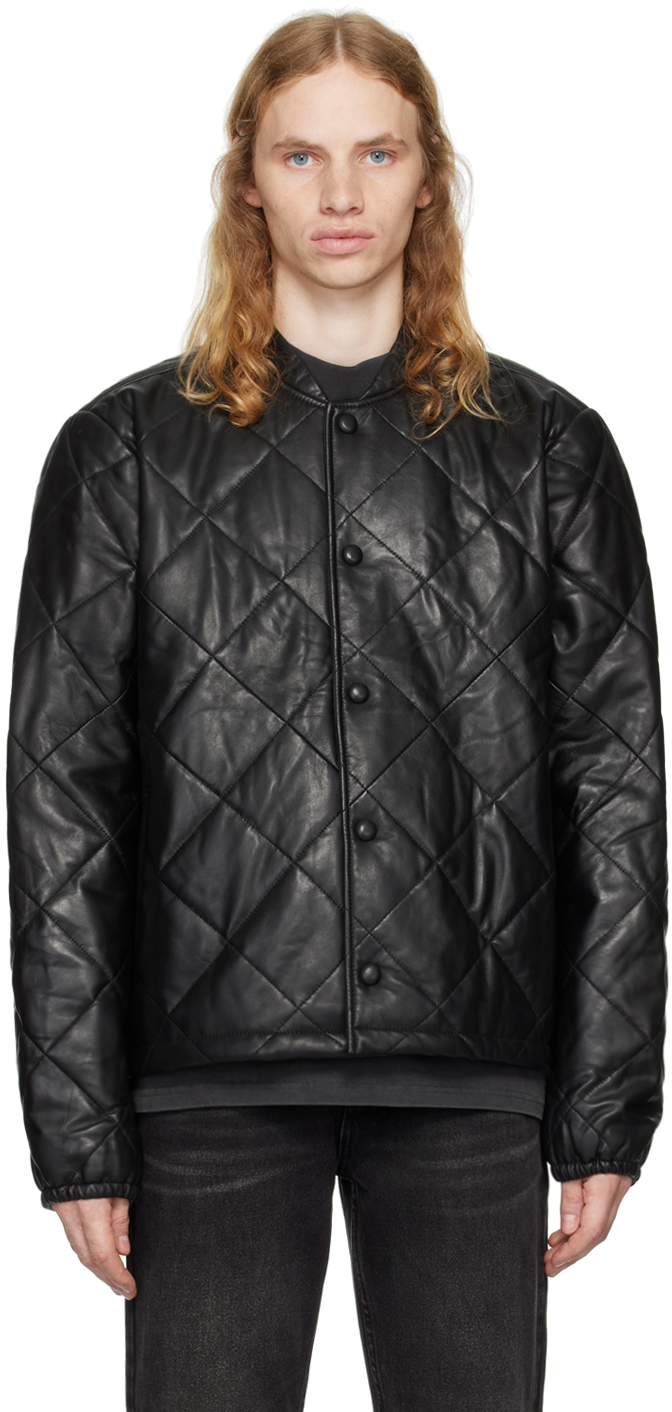 Shop Ksubi Black Eclipse Quilted Leather Bomber Jacket