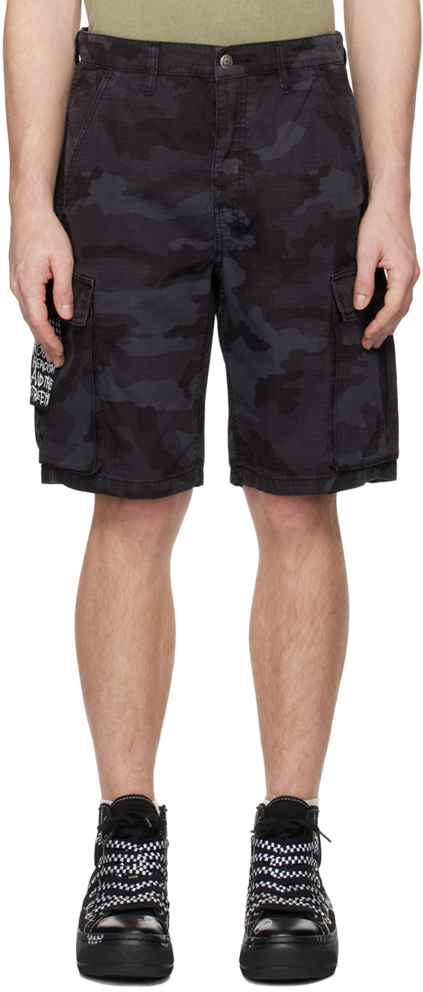 Shop Ksubi Black Camo Cargo Shorts