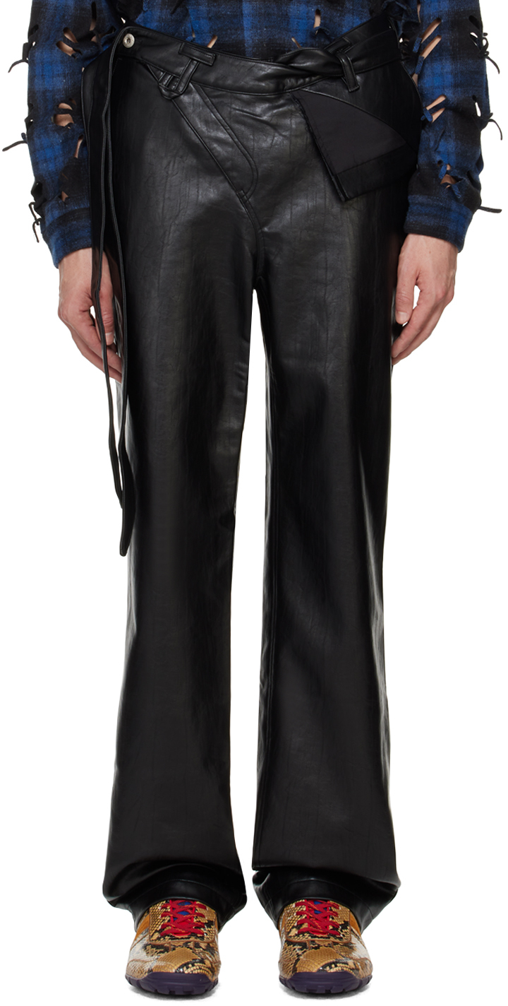 Black Layered Belt Faux-Leather Trousers