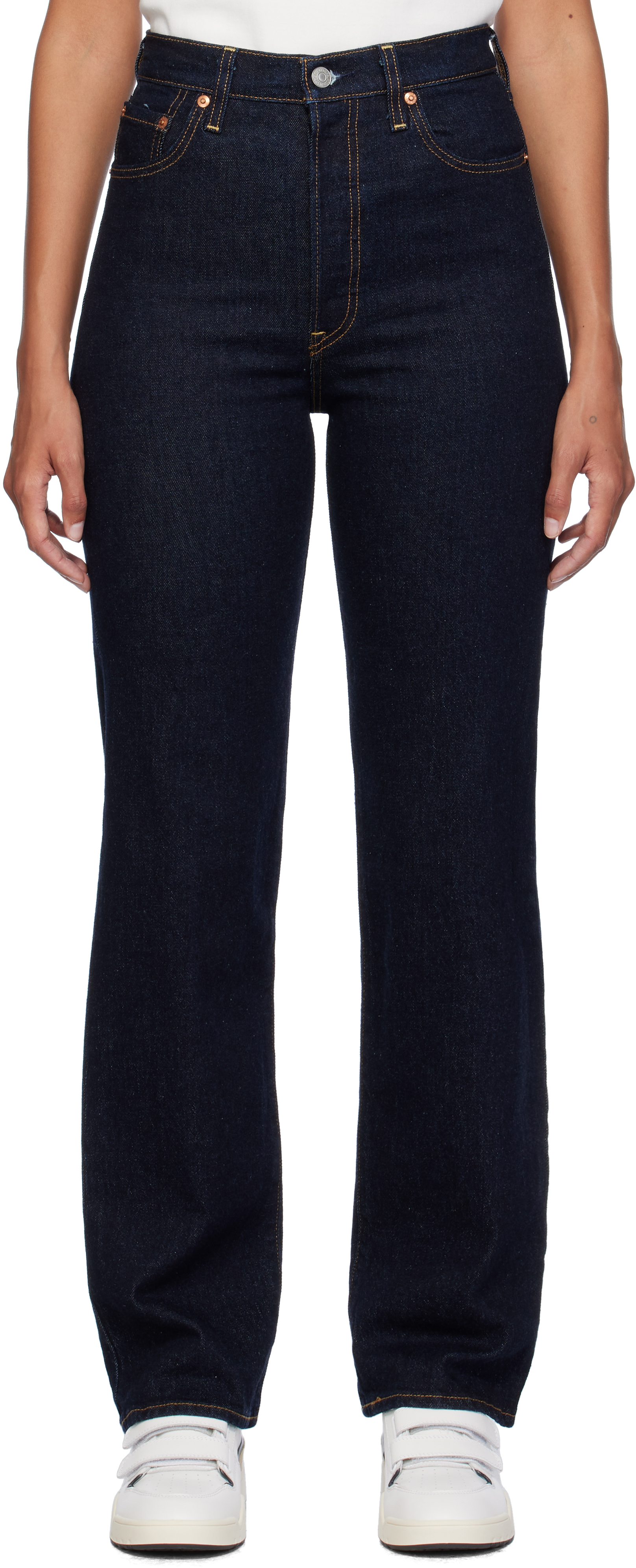 Shop Levi's Navy Ribcage Full Length Jeans In Small Course