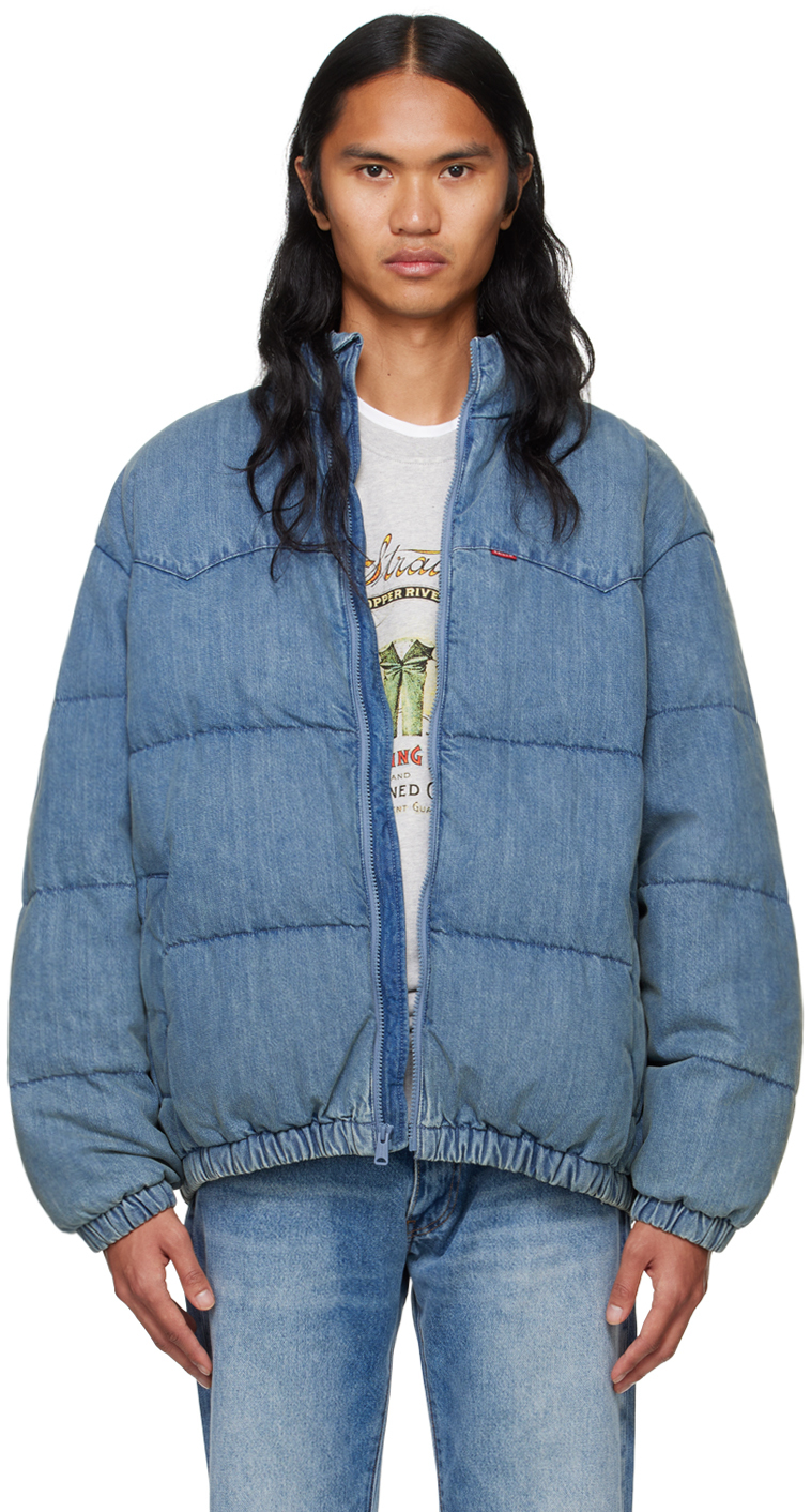 Shop Levi's Blue Super Puffer Denim Down Jacket In Slightly Sidetracked