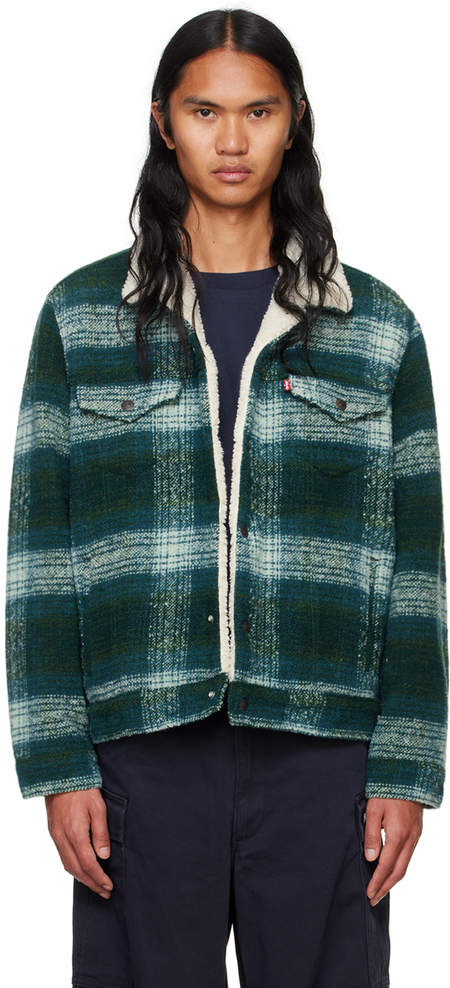 Green Plaid Type III Sherpa Trucker Jacket by Levi s on Sale