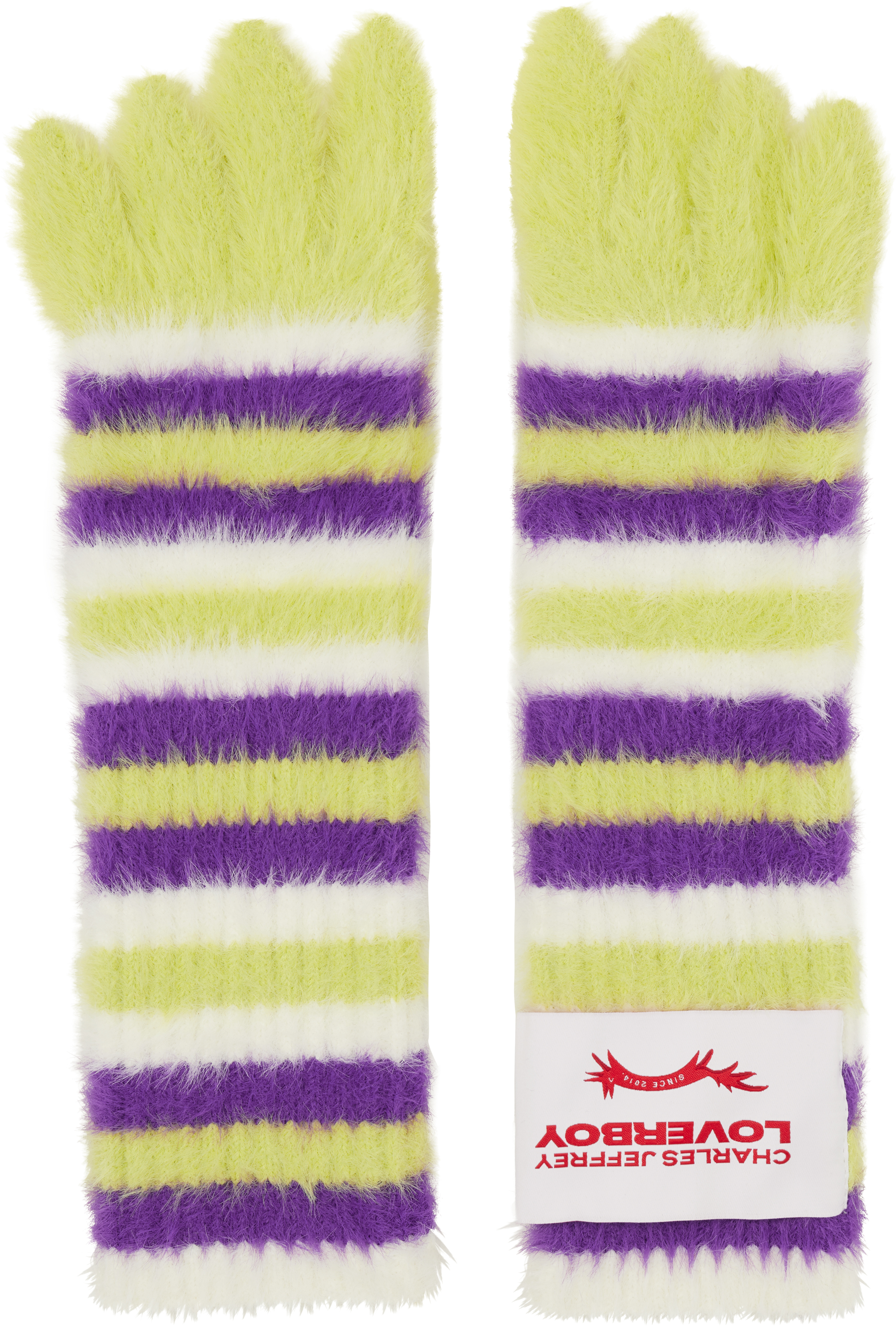 Shop Charles Jeffrey Loverboy グリーン＆パープル Fluffy ボーダー グローブ In Green-purple