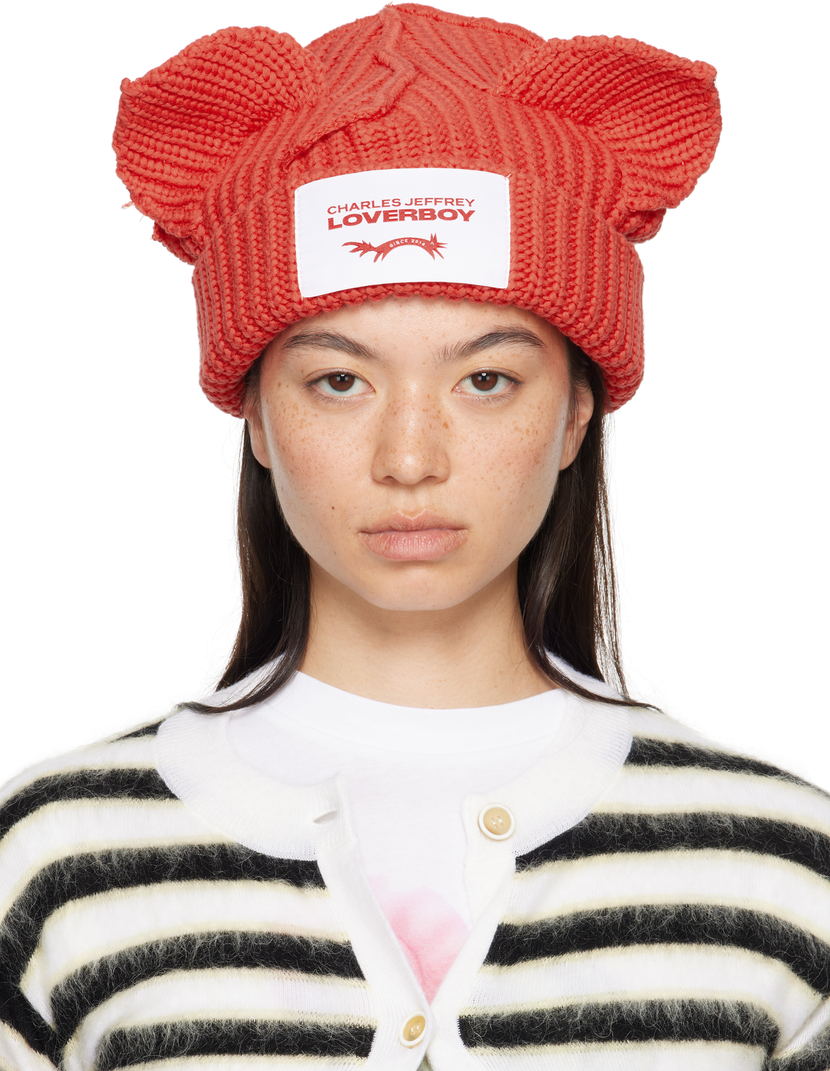 Red Chunky Ears Beanie by Charles Jeffrey LOVERBOY on Sale