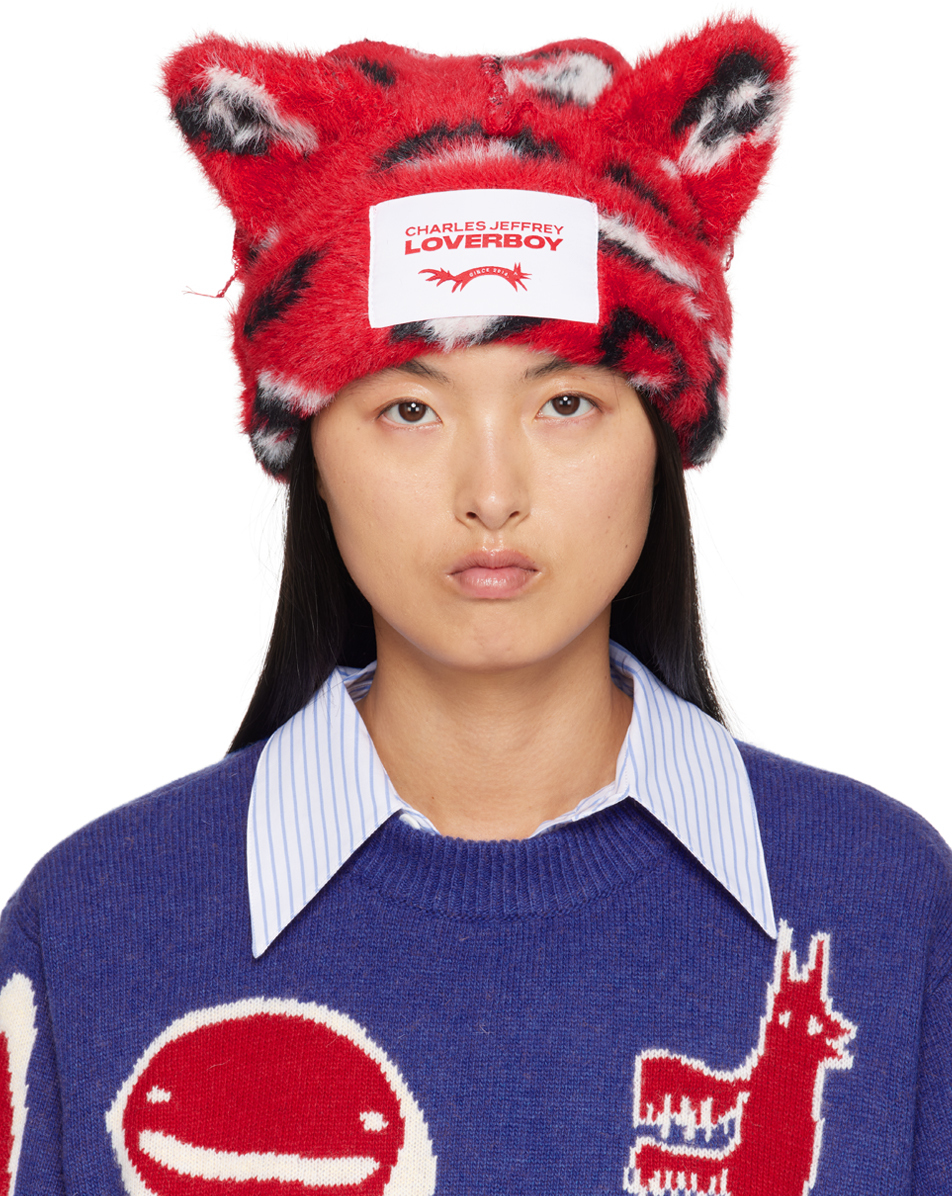 Shop Charles Jeffrey Loverboy レッド Fluffy Chunky Ears ビーニー In Red Leopard