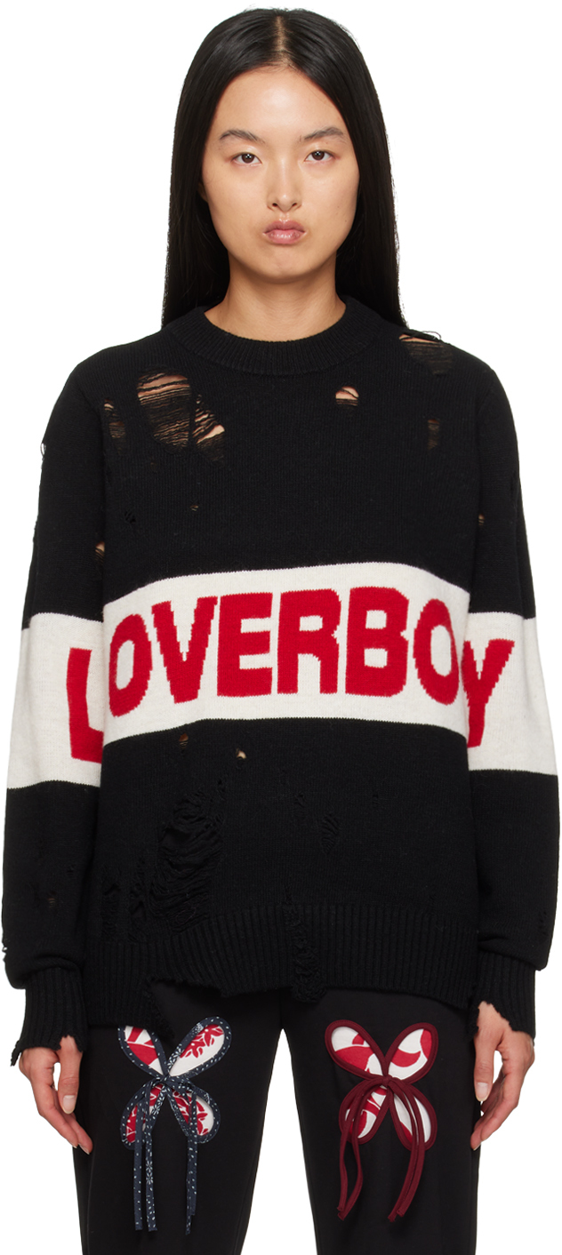 Shop Charles Jeffrey Loverboy Black Distressed 'loverboy' Logo Sweater