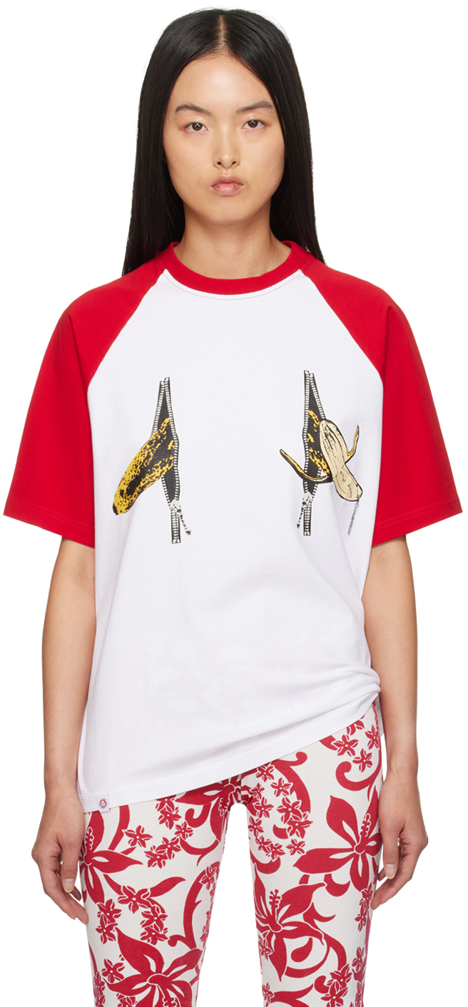 White & Red Graphic Raglan T-Shirt