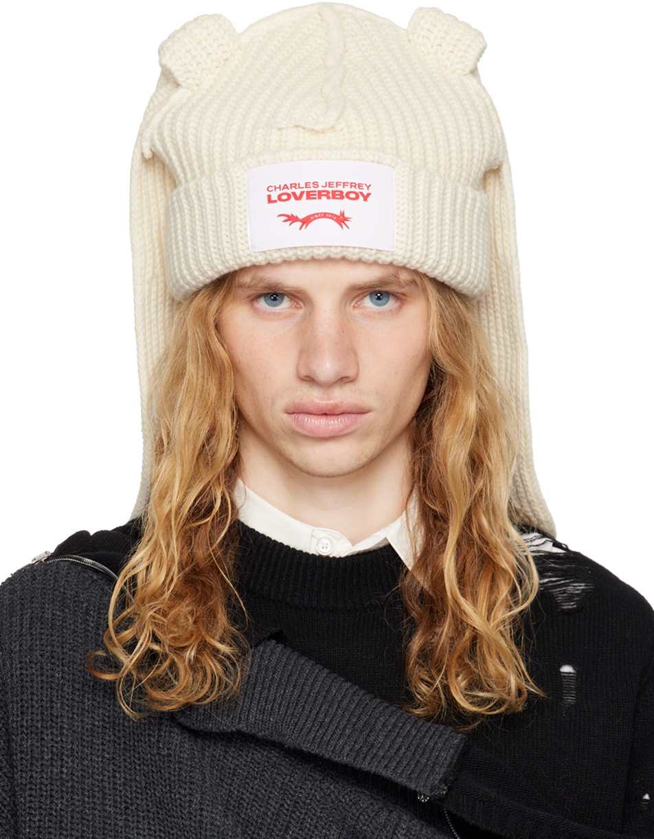 Off-White Chunky Rabbit Beanie by Charles Jeffrey LOVERBOY on Sale