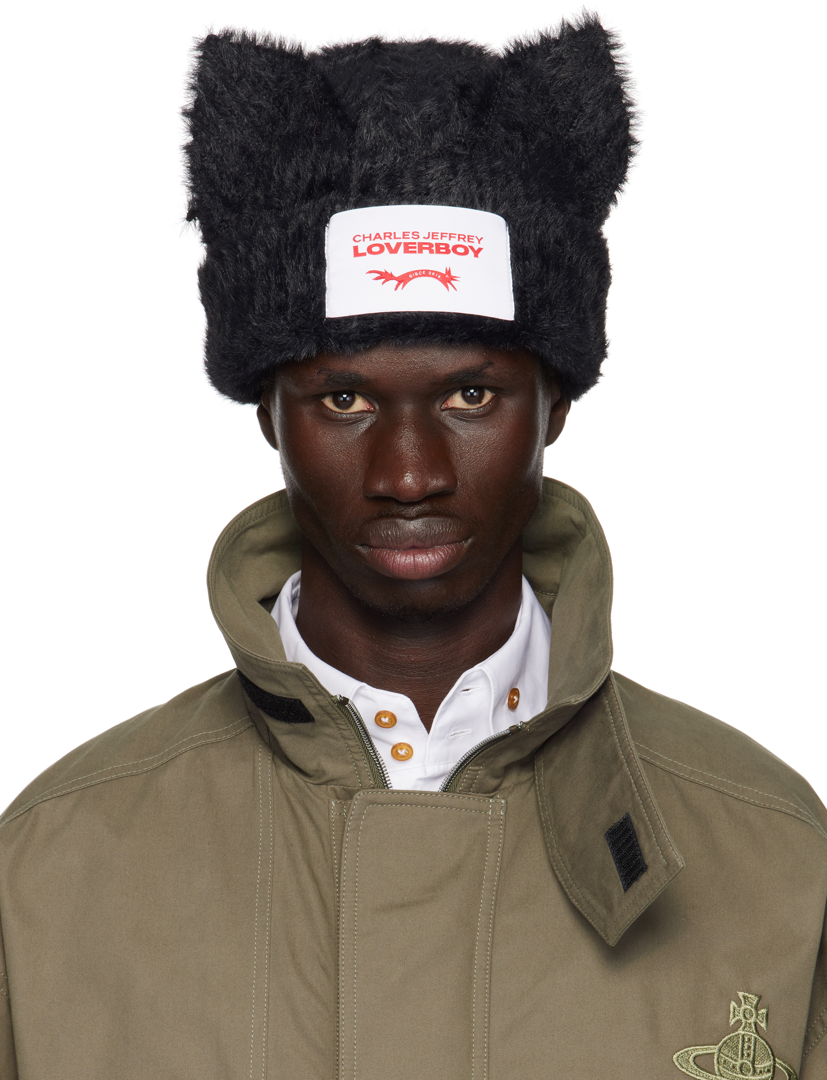 Black Fluffy Chunky Ears Beanie by Charles Jeffrey LOVERBOY on Sale