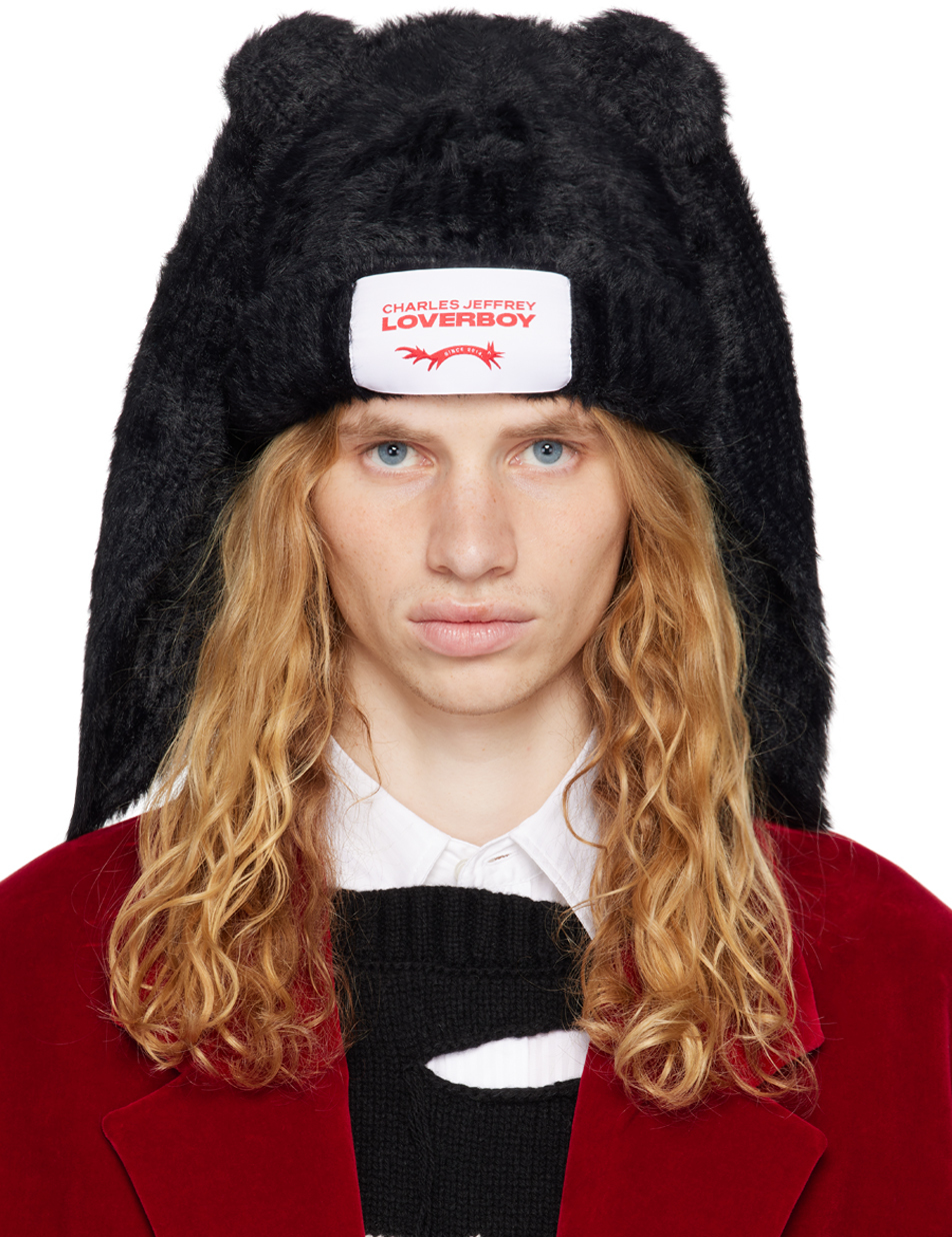 Black Fluffy Chunky Rabbit Beanie by Charles Jeffrey LOVERBOY on Sale