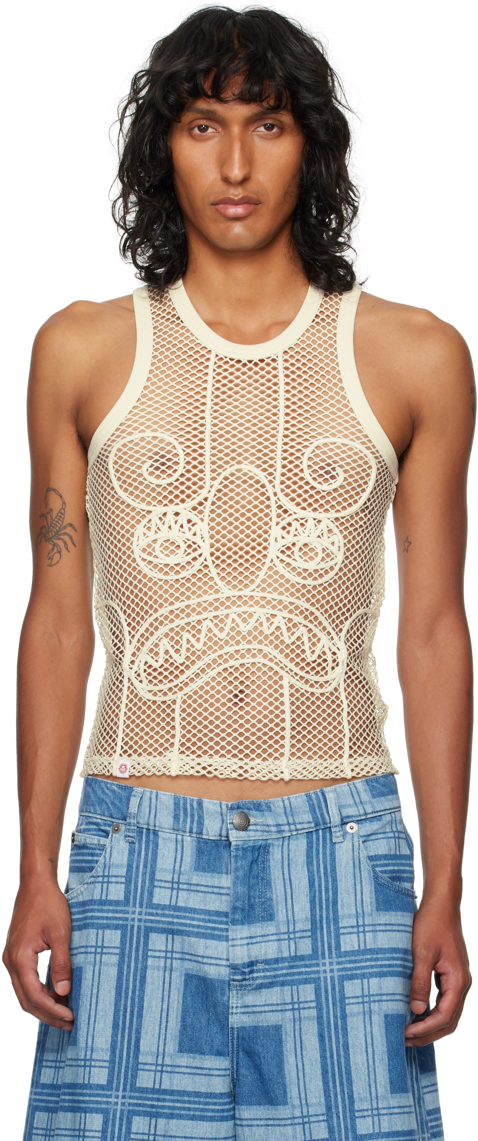 Shop Charles Jeffrey Loverboy Ssense Exclusive Off-white Graphic Net Tank Top In Ecru Ecru